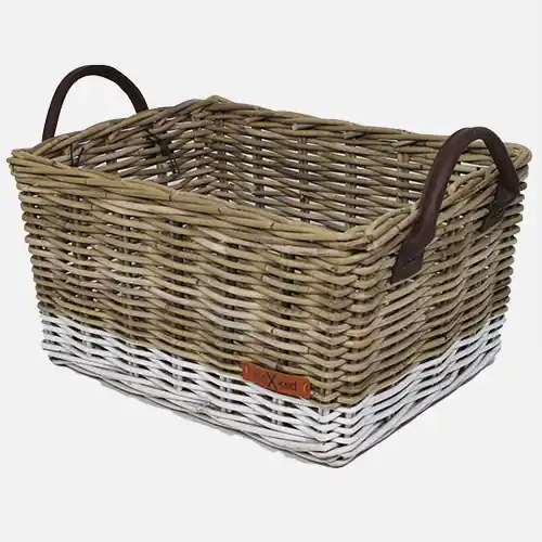 Wicked Rieten Fietsmand met leren hengsels Grijs Wit Weekendaanbieding