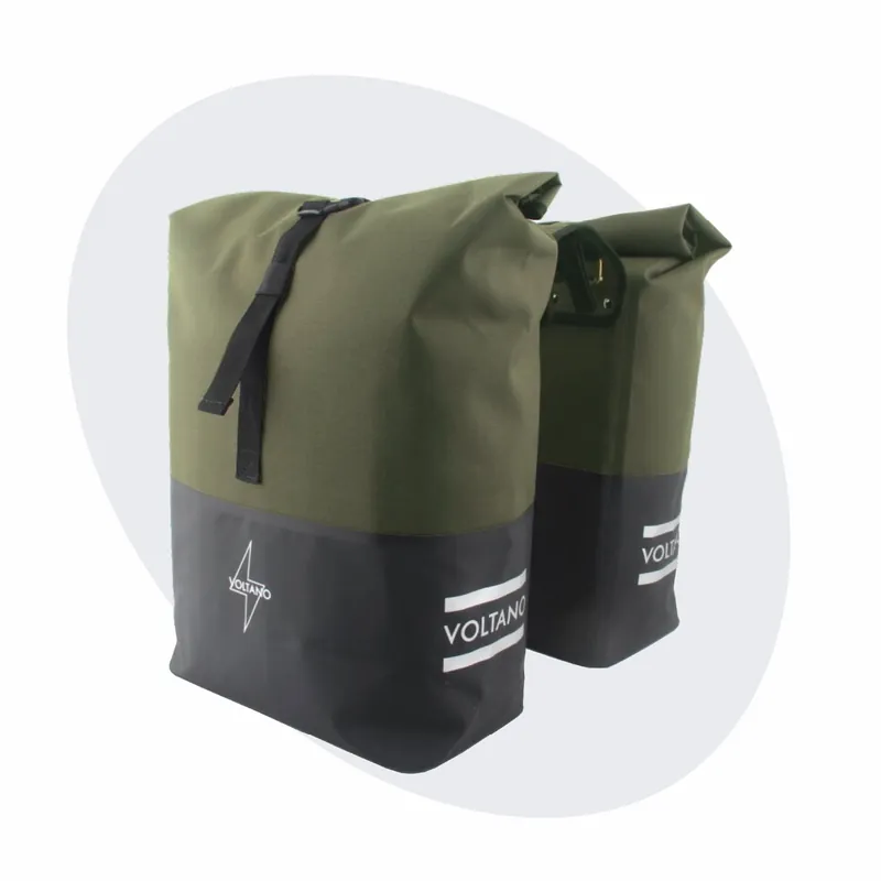 Voltano Dubbele Fietstas Rolltop Reflective Special Edition - Zwart / Olijfgroen - 50 Liter - 100% Waterdicht Tijdelijk Beschikbaar